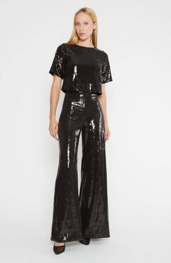 Sequin Wide Leg Pant in Black