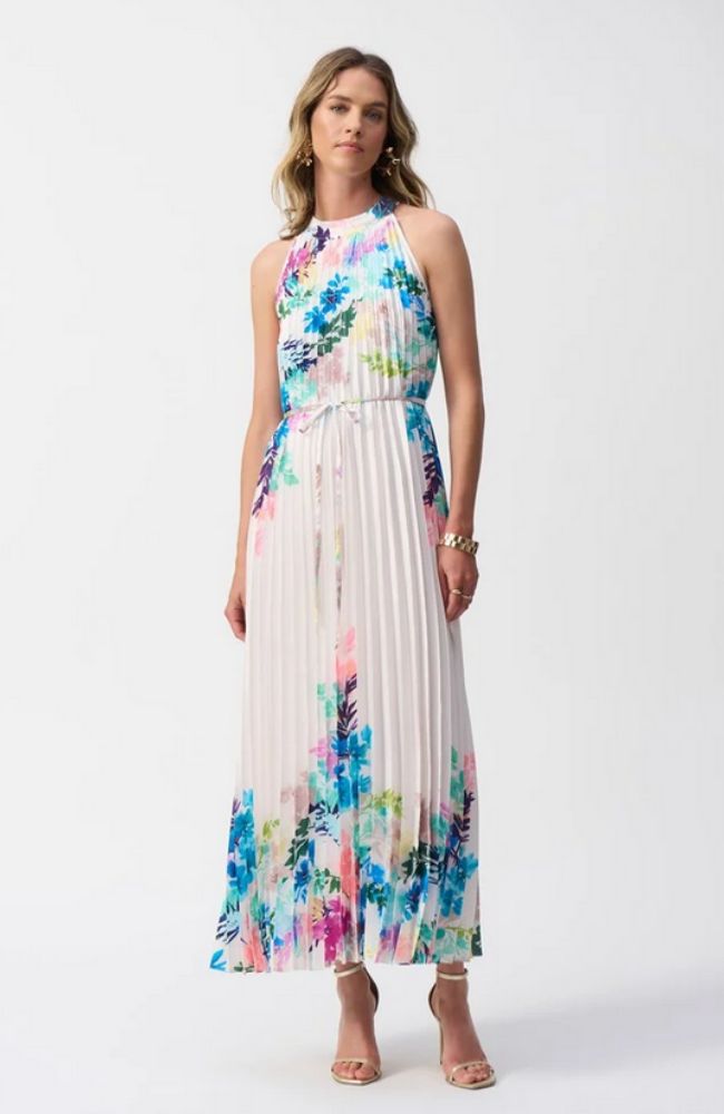 Pleated Satin Floral Maxi Dres