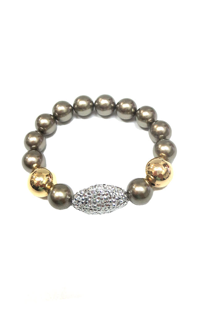 Olive Pearl with Gold Balls and Pave Crystal Center Stone Bracelet