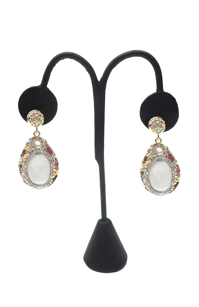 Gold Teardrop Multi Color Pave Earrings with Large White Stone