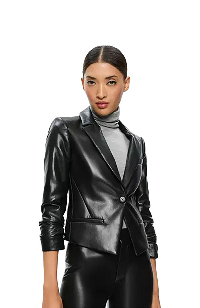 Vinnie Ruched Sleeve Vegan Leather Blazer