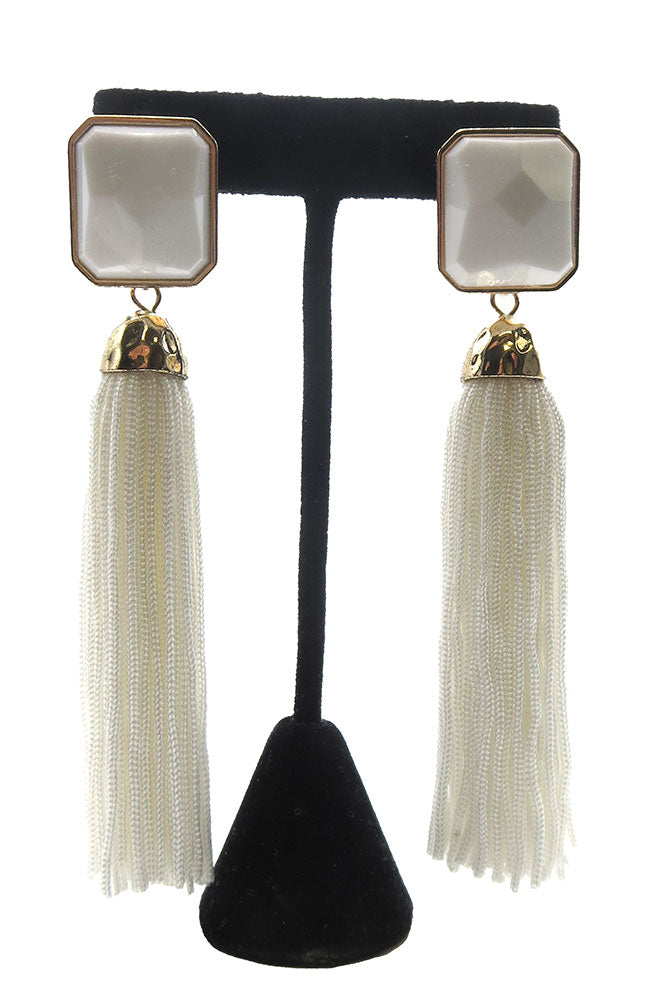 White Square Tassel Earrings