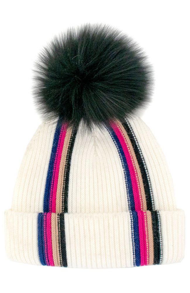 Whie Multi Stripe Hat Fox Pom