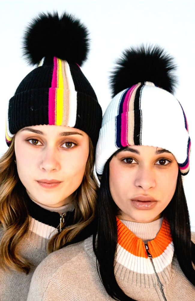 Whie Multi Stripe Hat Fox Pom