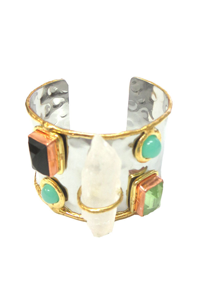 Silver Cuff Multi Color Stones and Middle Large Crystal