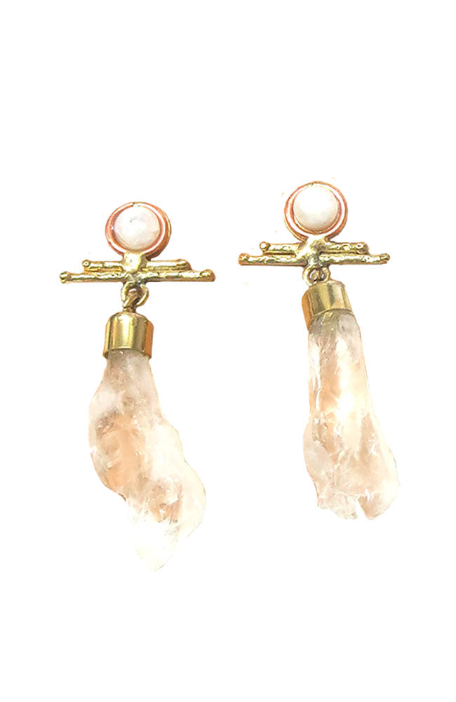 White Copper Circle, Gold, Clear Crystal Drop Earrings