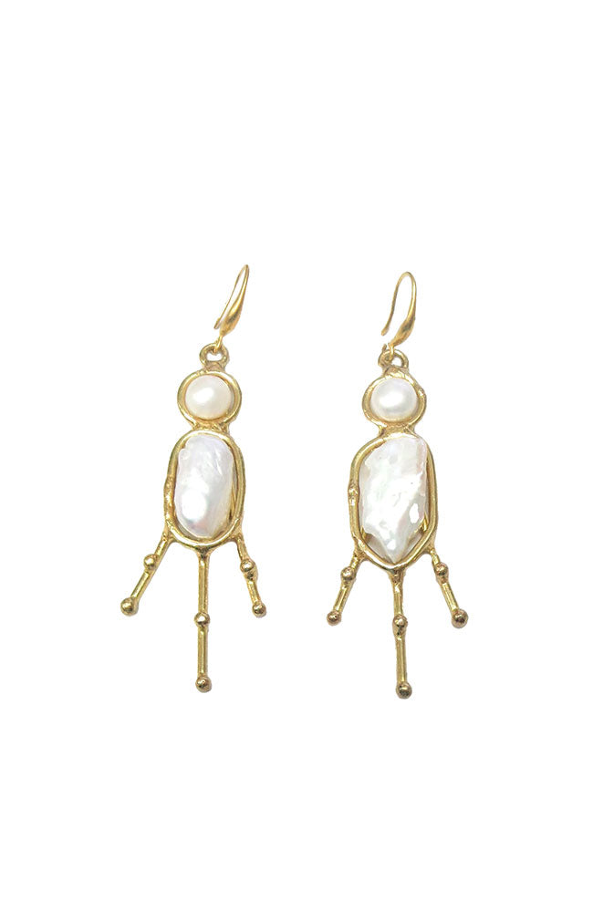 Brass Pearl Stick Man Earrings