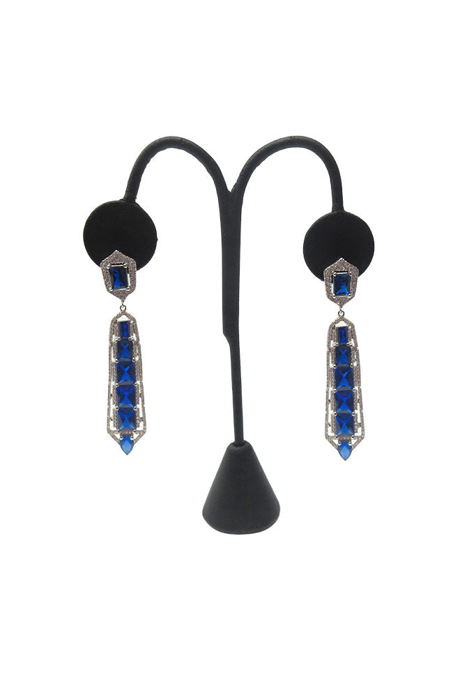 Blue Sq Stone Pave Earrings Silver