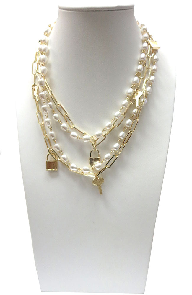 Double Chain Long Necklace with Pearls, Lock & Keys