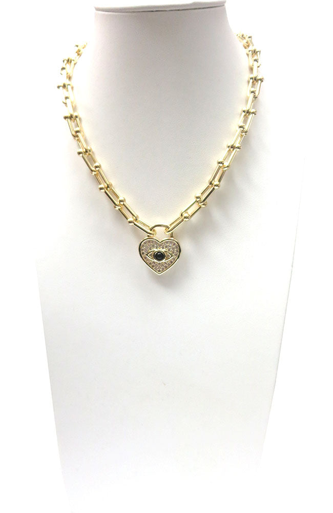 Gold Dog Bone Chain with Heart Evil Eye Necklace