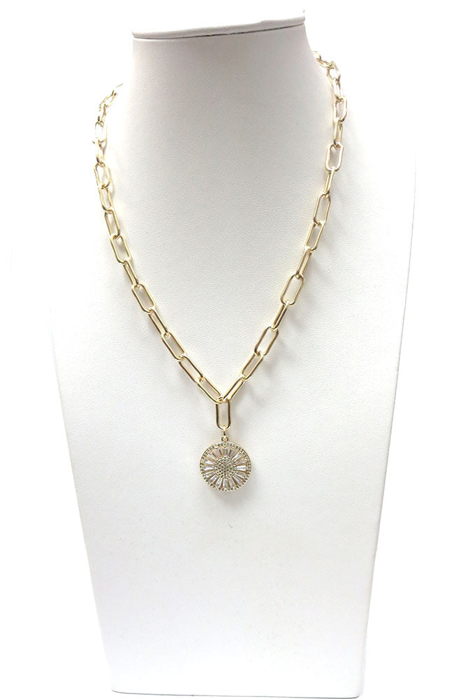 Oblong Link with Pave Baguette Round Pendant Necklace