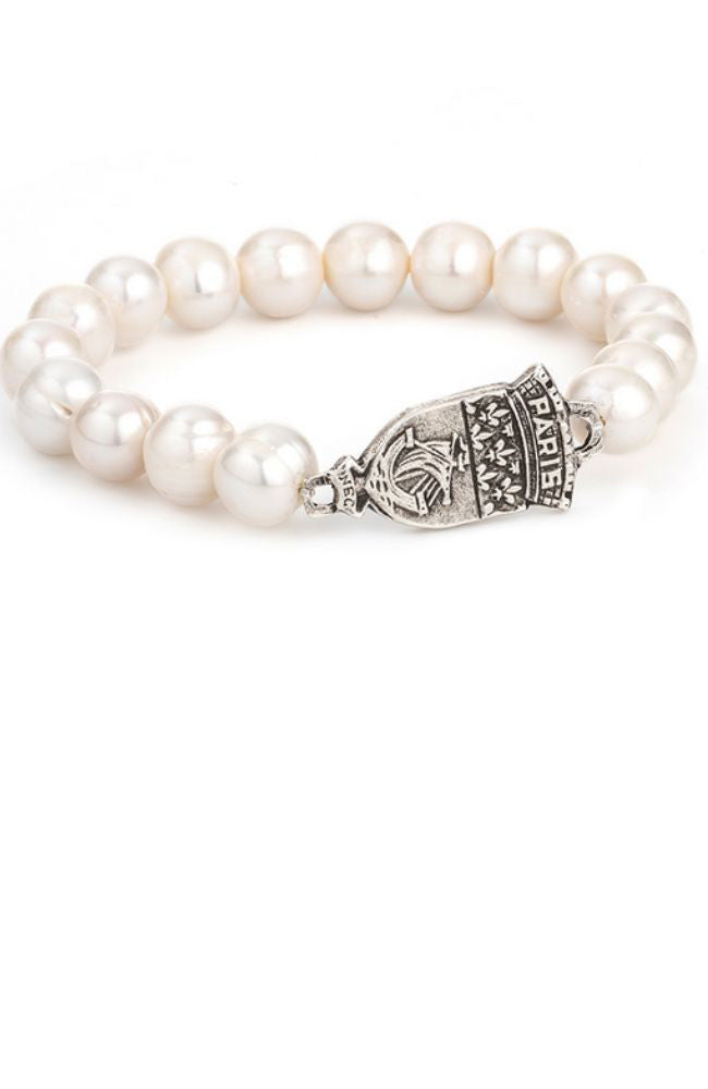 White Pearl Stretch Bracelet Paris Connector