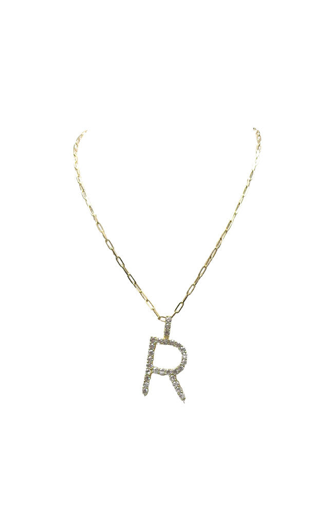 R Gold Pave CZ Initial Necklace