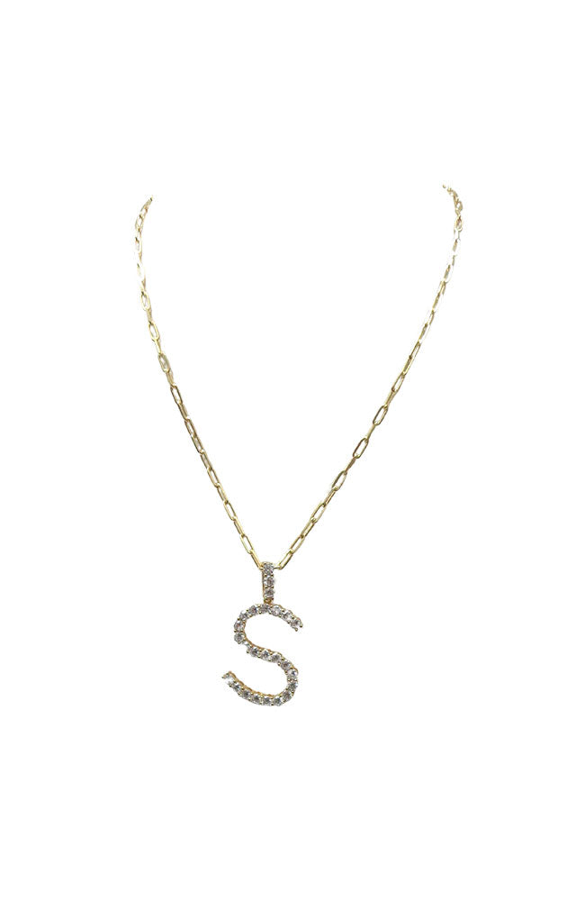 S Gold Pave CZ Initial Necklace