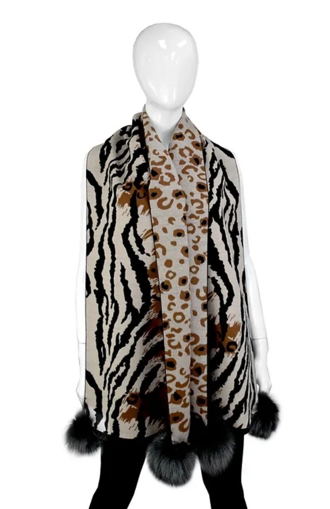 Zebra Print Scarf Fox Pom Poms