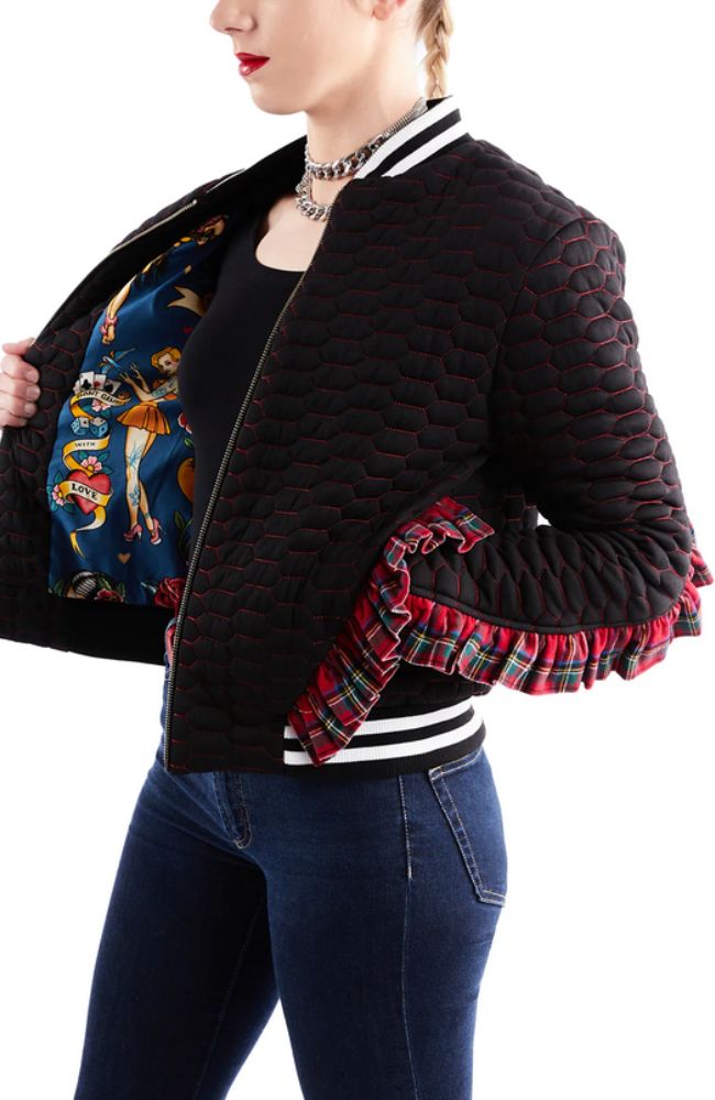 Quilted Ruffle Bomber Jacket