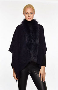 Wool Sweater Wrap with Fur Collar