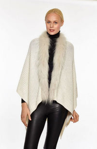 Wool Sweater Wrap with Fur Collar