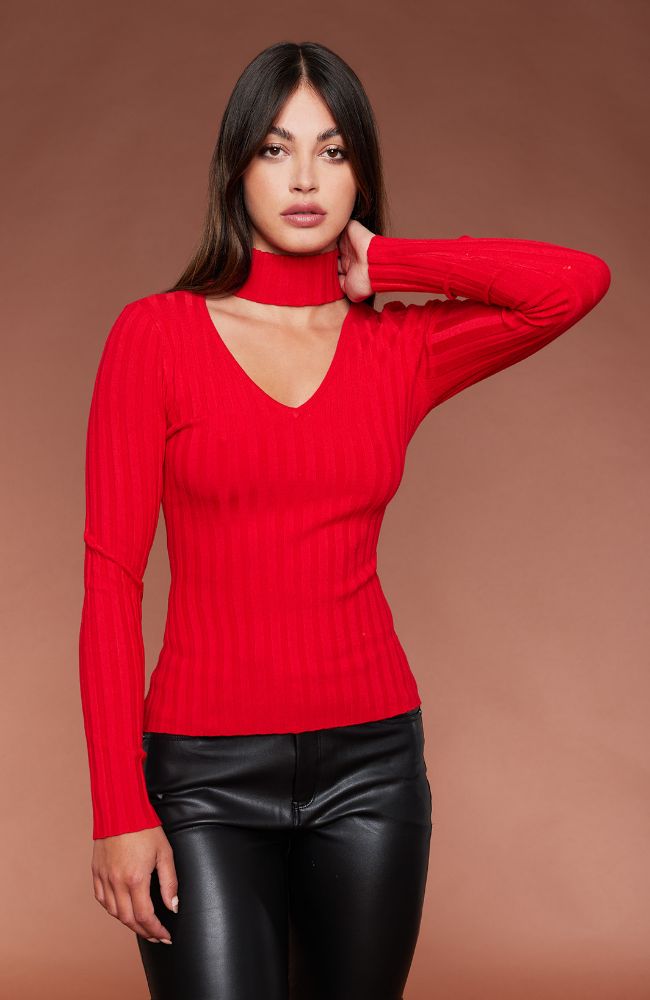 Ribbed Mock Neck Keyhole Top