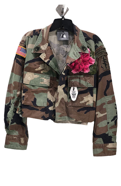 100% Silk crop lined jacket with embroidery in Moss Camo – Da-Nang