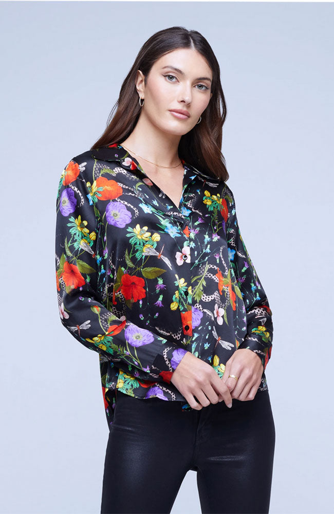 Tyler Long Sleeve Blouse in Black Botanical Snake