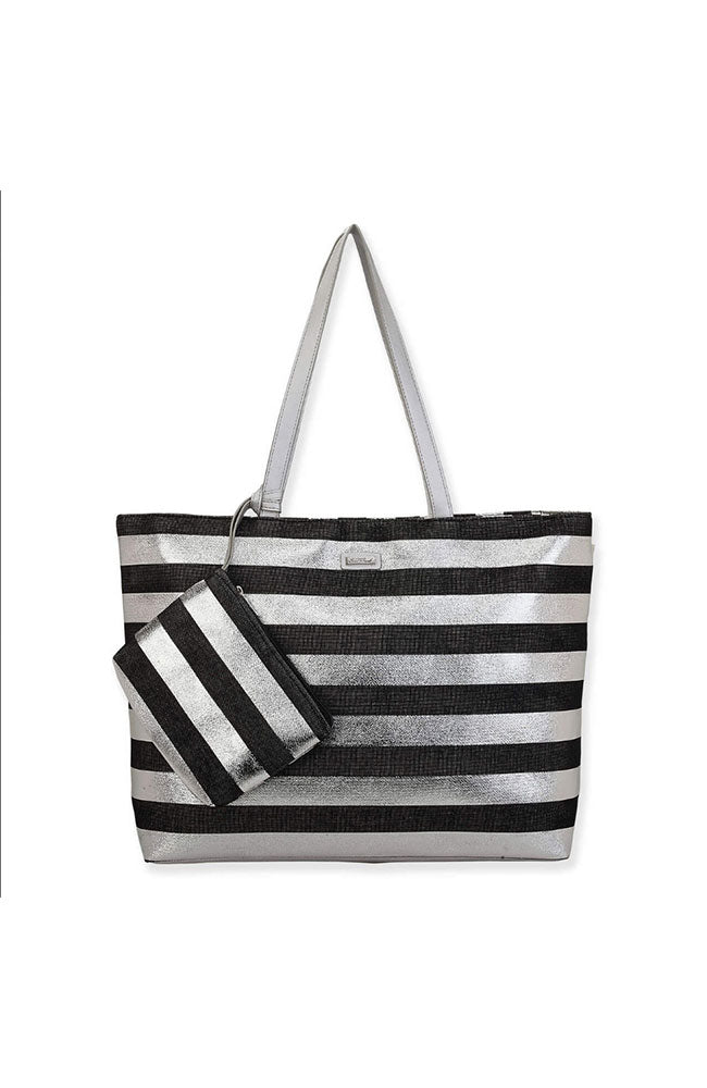 Stripe Shoulder Tote Black Silver