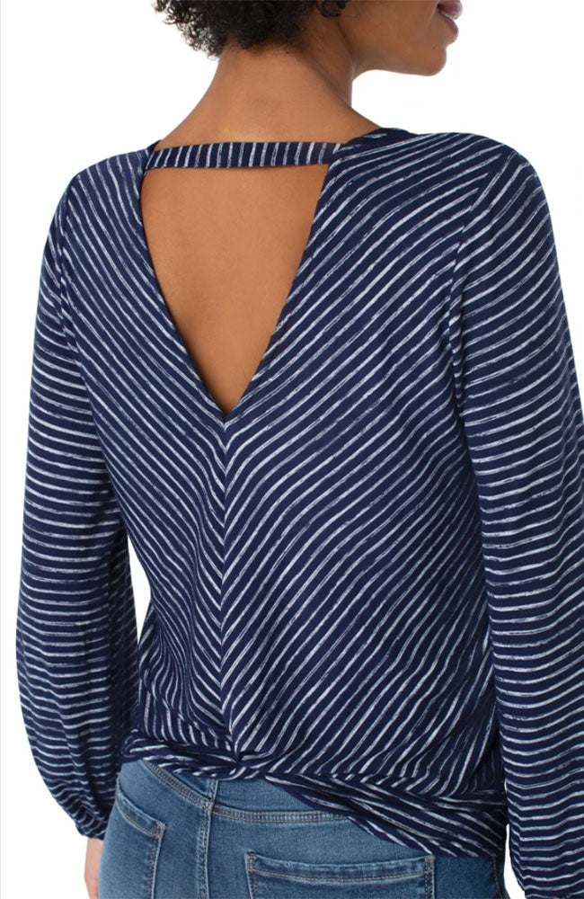 Twist Back LS Knit Top Navy Stripe