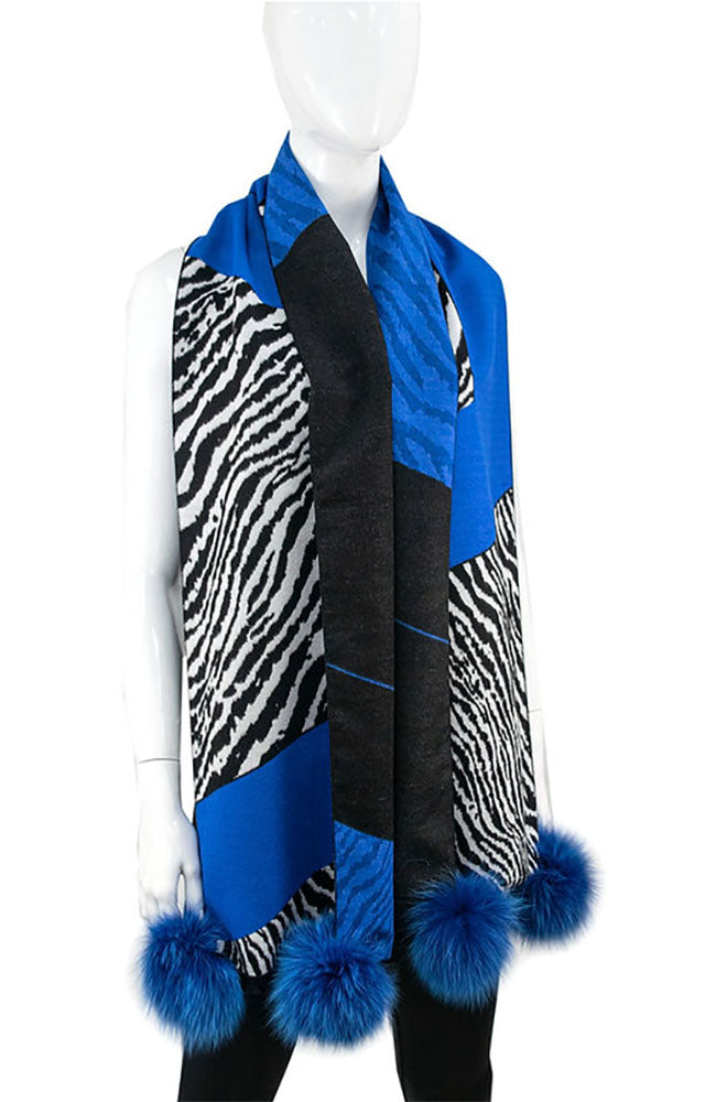 Zig Zag Animal Narrow Scarf with Fox Pom