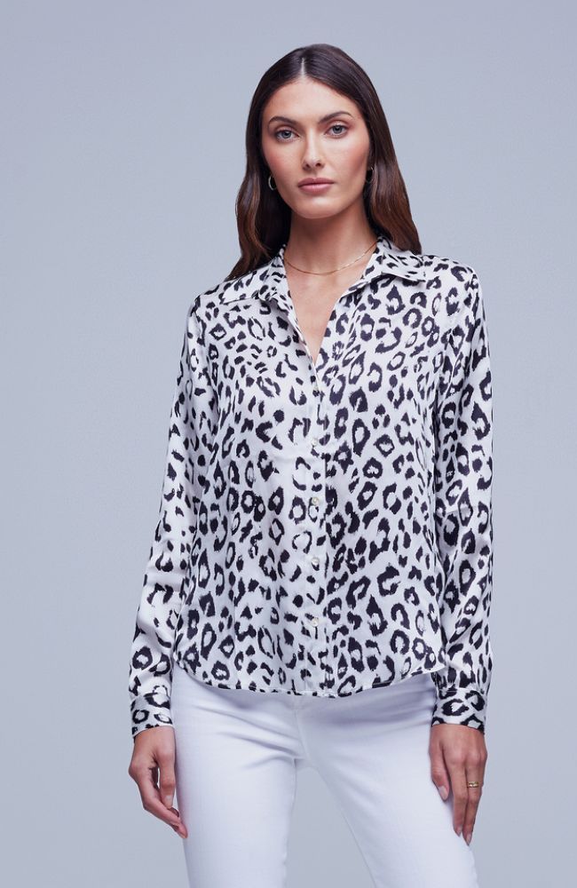 Tyler Long Sleeve Blouse in White Black Cheetah